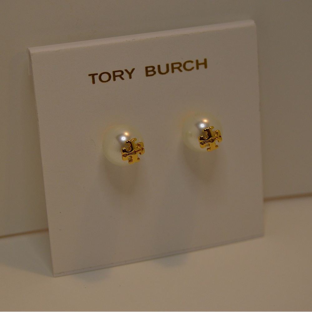 Tory Burch ‘Kira Logo Swarovski Crystal Imitation Pearl Stud Earrings’